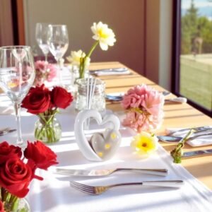 Diffuseur de parfum en céramique avec deux cœurs entrelacés, placé sur une table élégamment décorée de fleurs – décoration romantique pour mariage ou dîner festif