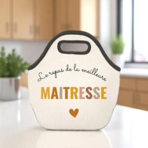 Cadeau maîtresse : sac isotherme personnalisé avec l’inscription ‘Le repas de la meilleure maîtresse’, idéal pour la fin d’année scolaire